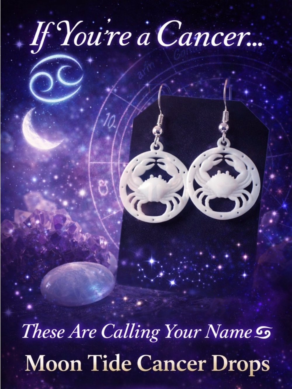 Zodiac Cancer Horoscope White Crab Cutout Dangle Earrings - silver plated